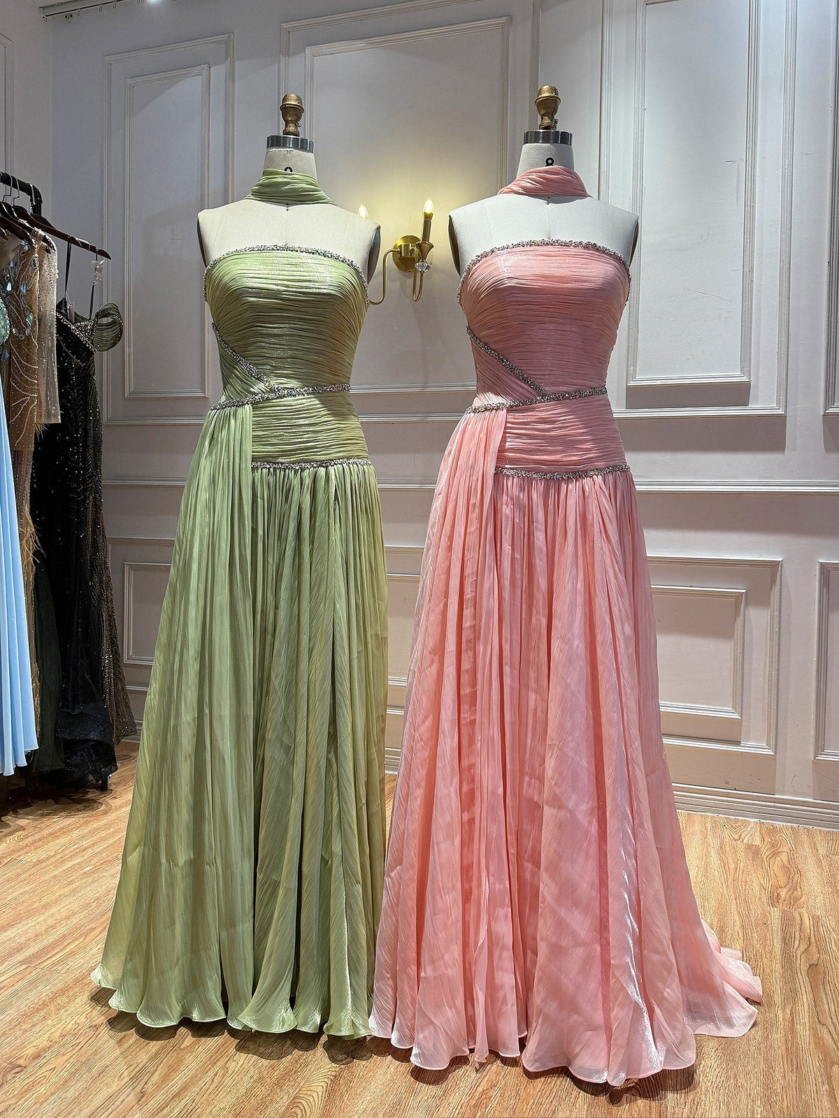 Luxury Sage Green Crystal One Shoulder Pleated Evening Dress LA73764