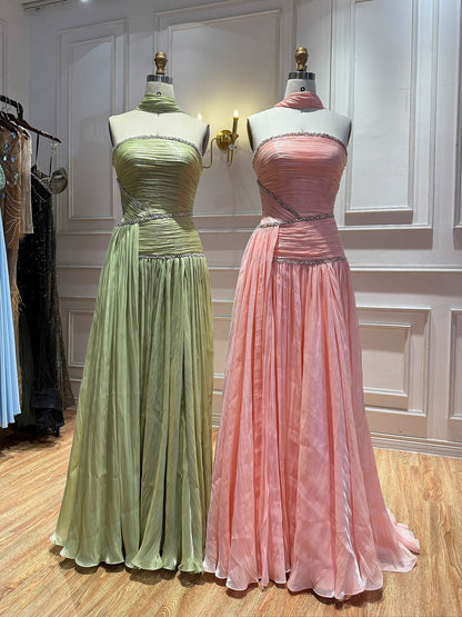Luxury Sage Green Crystal One Shoulder Pleated Evening Dress LA73764