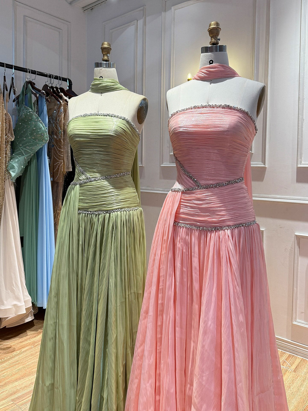 Luxury Sage Green Crystal One Shoulder Pleated Evening Dress LA73764