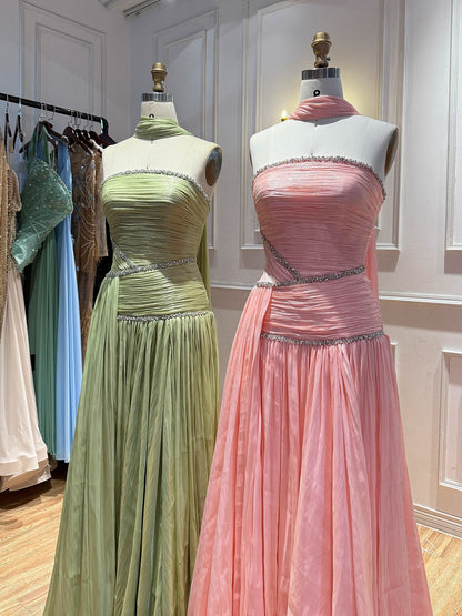 Luxury Sage Green Crystal One Shoulder Pleated Evening Dress LA73764
