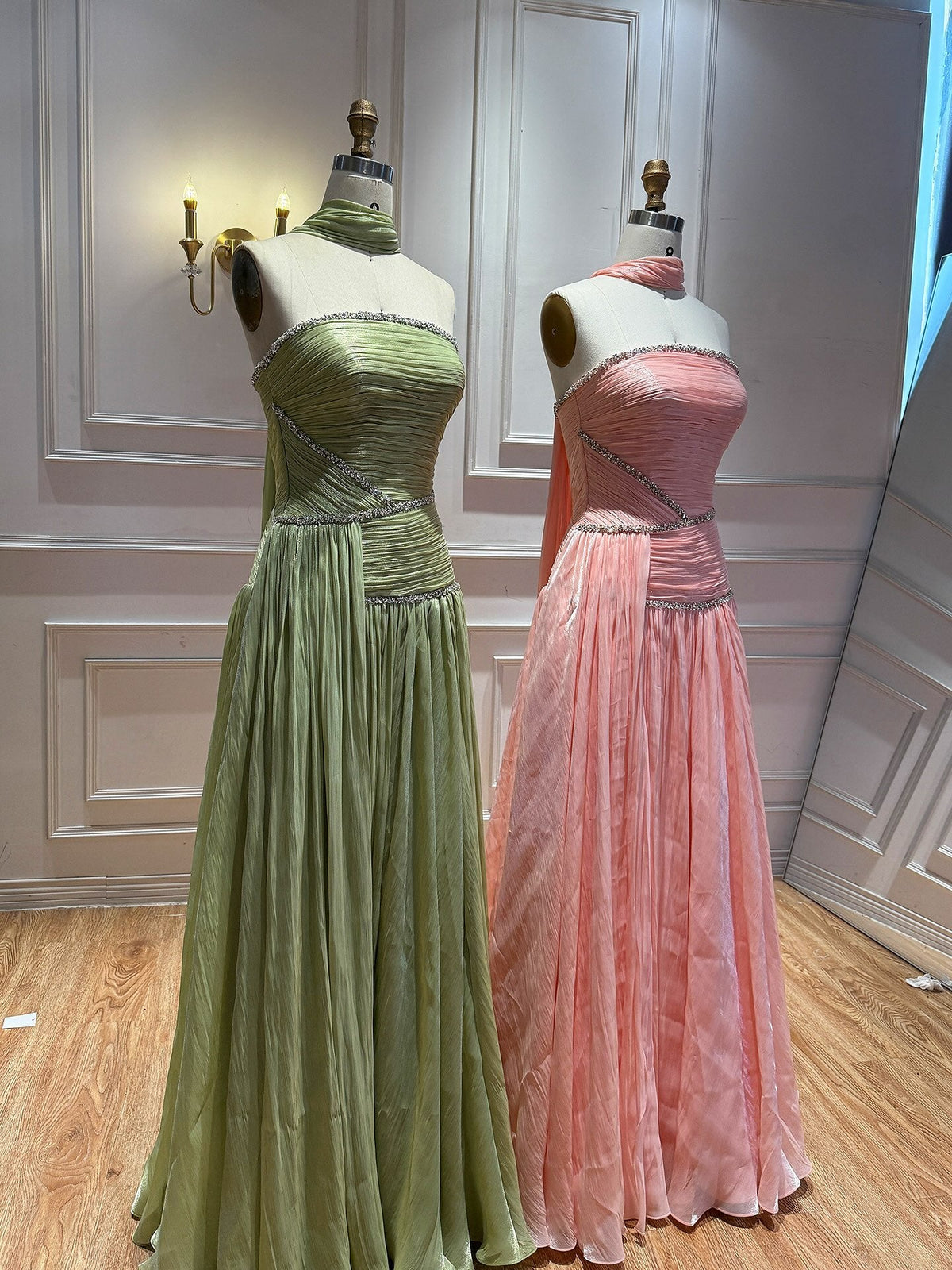 Luxury Sage Green Crystal One Shoulder Pleated Evening Dress LA73764