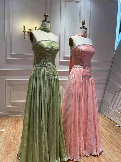 Luxury Sage Green Crystal One Shoulder Pleated Evening Dress LA73764