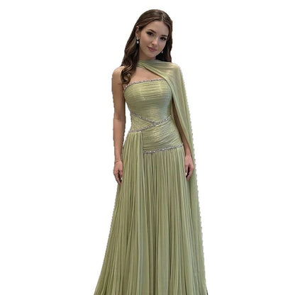 Luxury Sage Green Crystal One Shoulder Pleated Evening Dress LA73764
