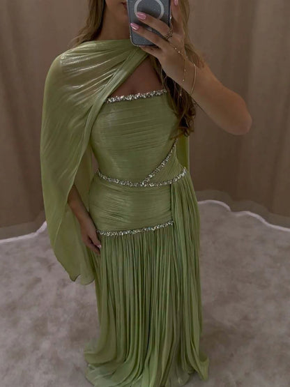 Luxury Sage Green Crystal One Shoulder Pleated Evening Dress LA73764