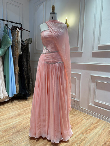Luxury Sage Green Crystal One Shoulder Pleated Evening Dress LA73764