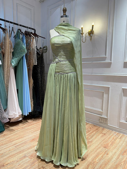 Luxury Sage Green Crystal One Shoulder Pleated Evening Dress LA73764