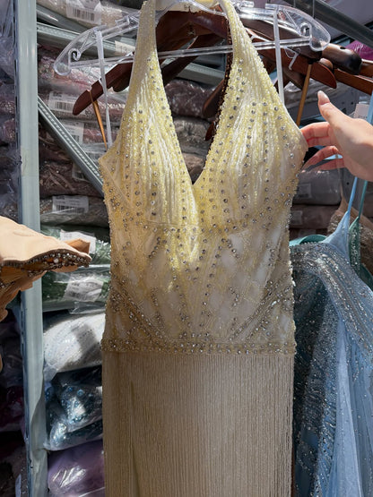 Luxury Butter Yellow Halter Fringe Evening Dress LA73765