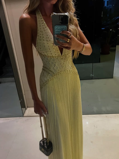 Luxury Butter Yellow Halter Fringe Evening Dress LA73765