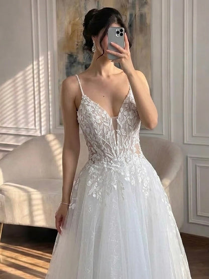 Luxury White Spaghetti Strap Floral Lace A Line Dress LA73767