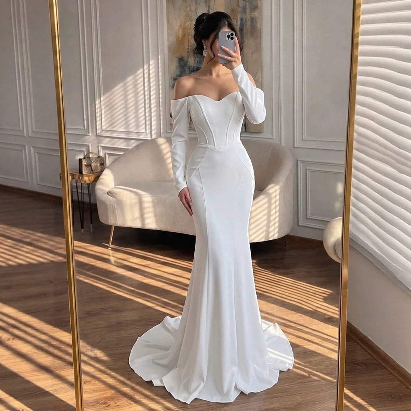 Luxury White Off Shoulder Sweetheart Long Sleeve Mermaid Dress LA73768