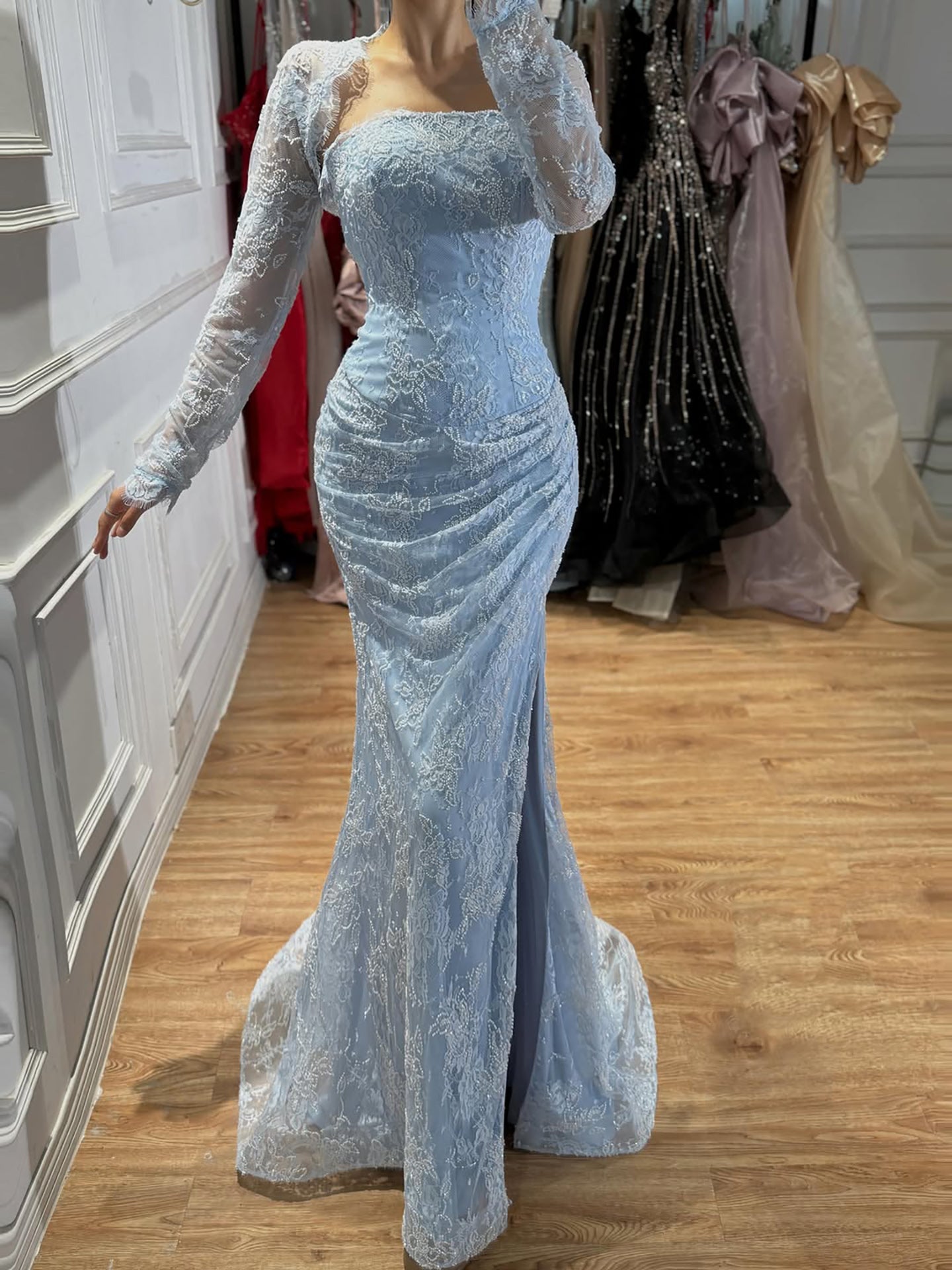Luxury Blue Lace Beaded Mermaid Gown LA73769