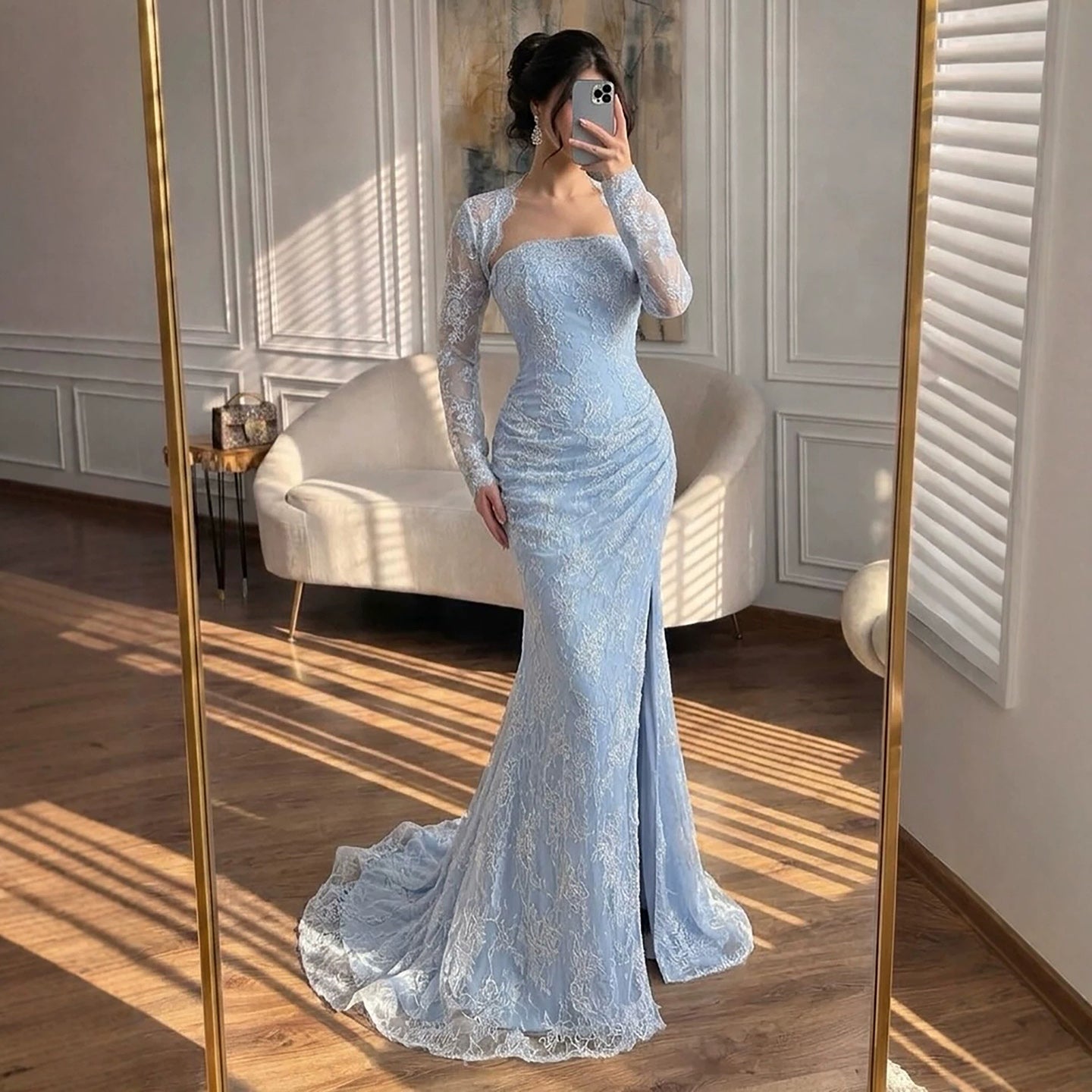Luxury Blue Lace Beaded Mermaid Gown LA73769