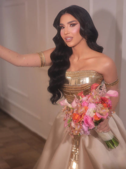 Luxury Gold Strapless Ball Gown Dress With Beaded Gloves LA73770