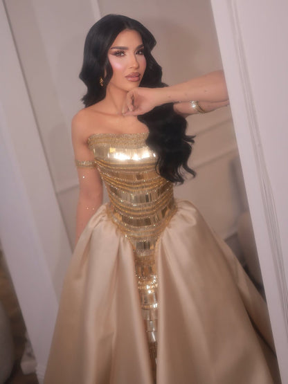 Luxury Gold Strapless Ball Gown Dress With Beaded Gloves LA73770