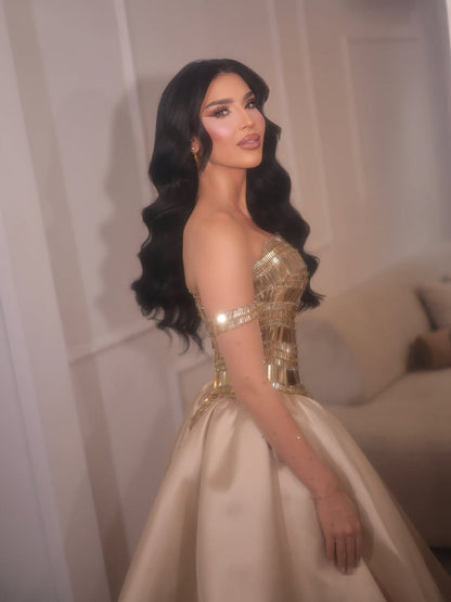 Luxury Gold Strapless Ball Gown Dress With Beaded Gloves LA73770