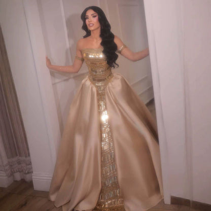 Luxury Gold Strapless Ball Gown Dress With Beaded Gloves LA73770