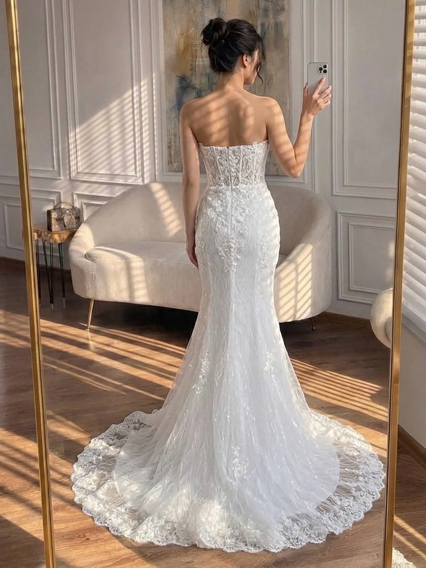 Luxury White Strapless See Through Lace Corset Mermaid Dress LA73771