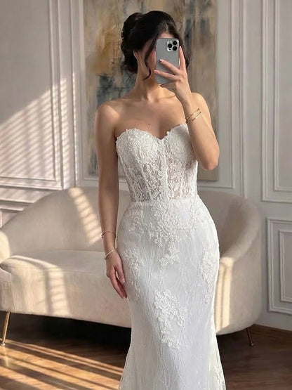 Luxury White Strapless See Through Lace Corset Mermaid Dress LA73771