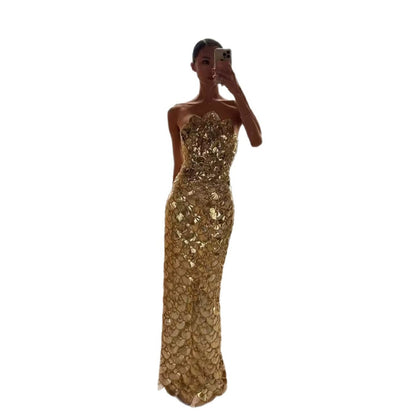 Luxury Gold Scallop Strapless Evening Dress Back Split LA73772