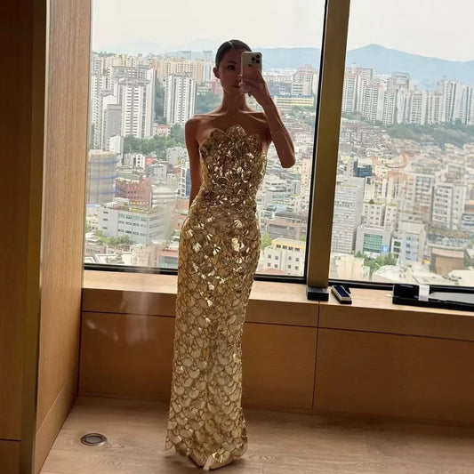 Luxury Gold Scallop Strapless Evening Dress Back Split LA73772