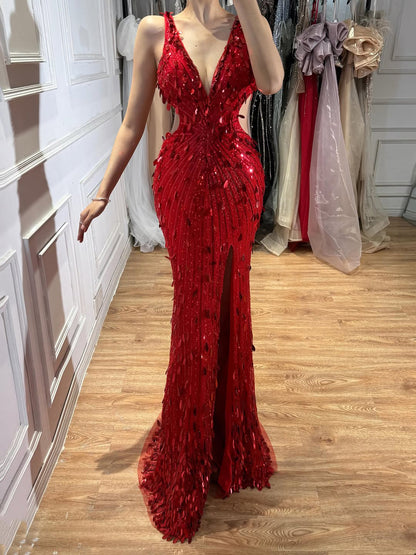 Luxury Blue V Neck Cutout Beaded Mermaid Evening Dress LA73773