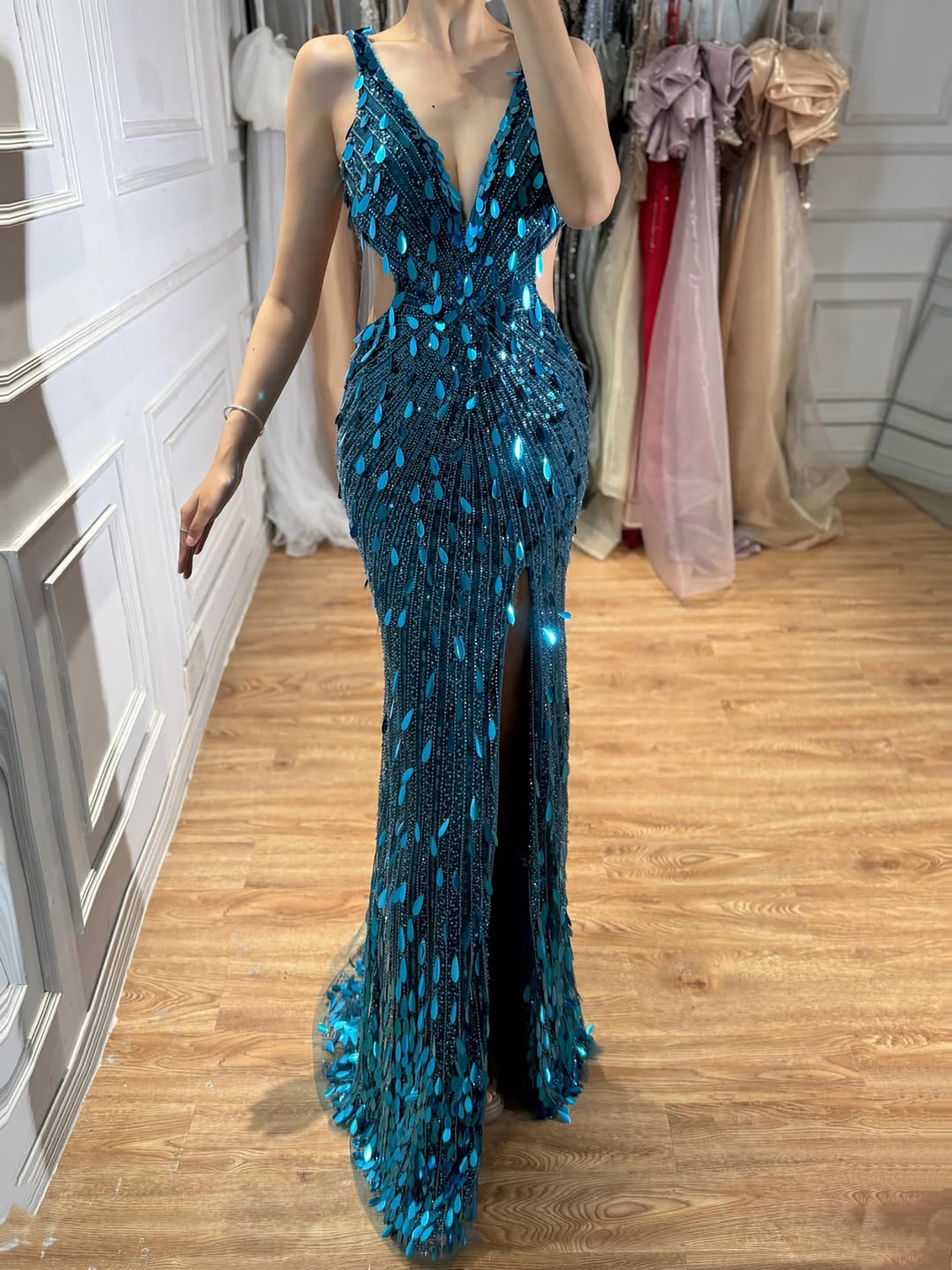 Luxury Blue V Neck Cutout Beaded Mermaid Evening Dress LA73773