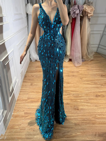 Luxury Blue V Neck Cutout Beaded Mermaid Evening Dress LA73773