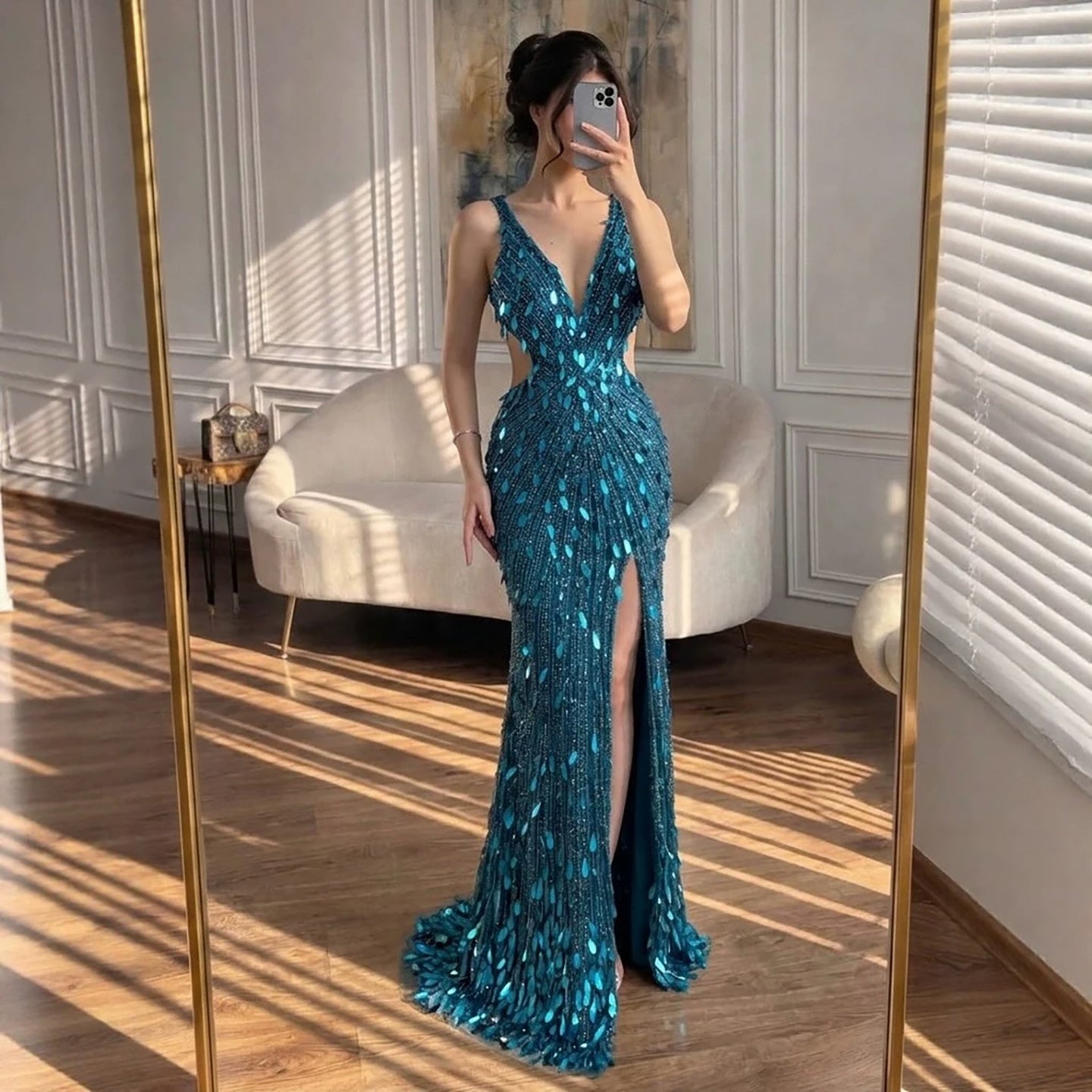 Luxury Blue V Neck Cutout Beaded Mermaid Evening Dress LA73773