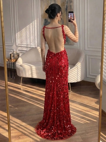 Luxury Blue V Neck Cutout Beaded Mermaid Evening Dress LA73773