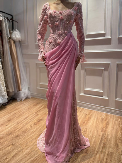 Luxury Pink 3D Floral Beaded Mermaid Gown LA73774
