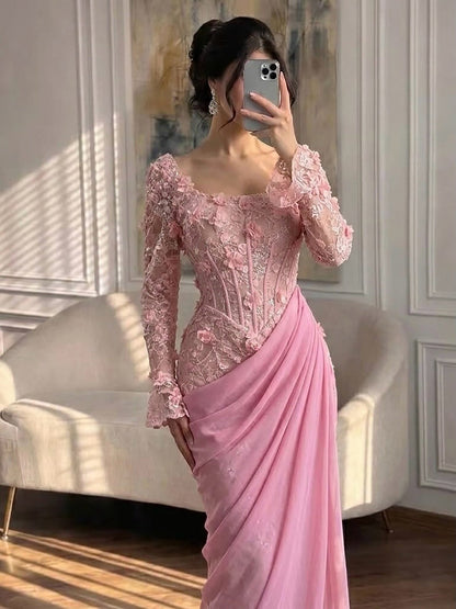 Luxury Pink 3D Floral Beaded Mermaid Gown LA73774