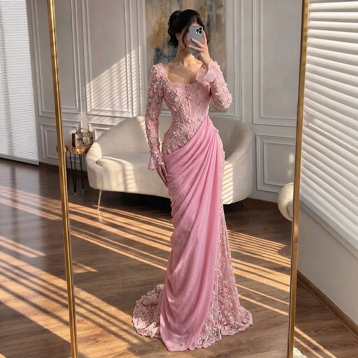 Luxury Pink 3D Floral Beaded Mermaid Gown LA73774