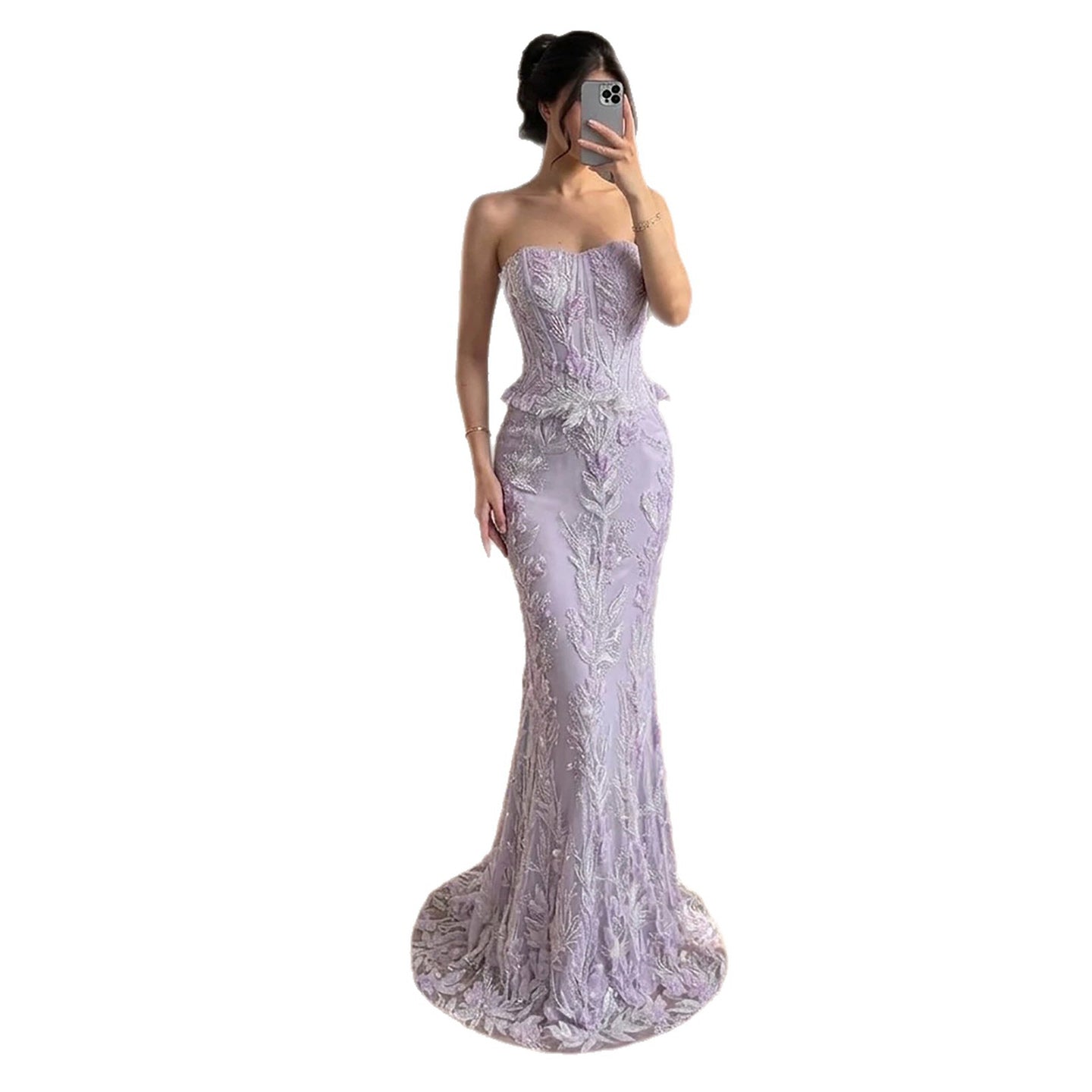 Luxury Lilac Strapless Beaded Peplum Mermaid Evening Dress LA73776