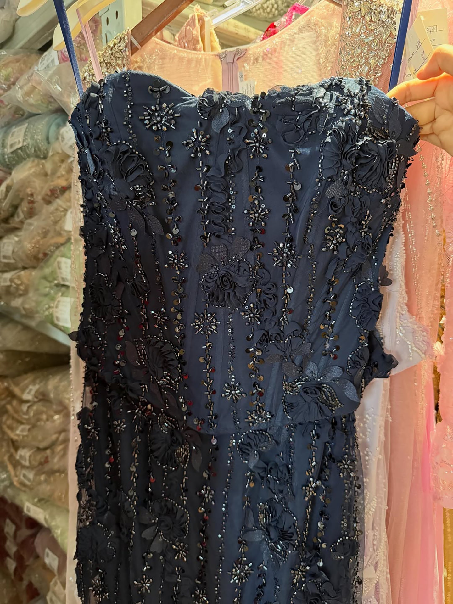 Luxury Navy Blue 3D Floral Beaded Mermaid Gown LA73777
