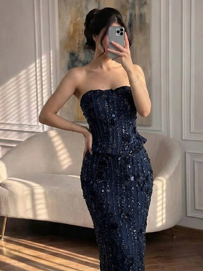 Luxury Navy Blue 3D Floral Beaded Mermaid Gown LA73777