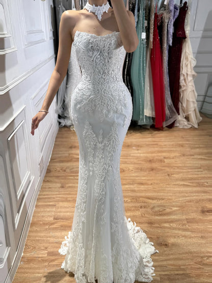 Luxury White Beaded Lace Strapless Mermaid Wedding Dress LA73778