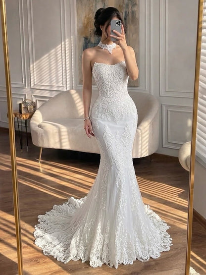 Luxury White Beaded Lace Strapless Mermaid Wedding Dress LA73778