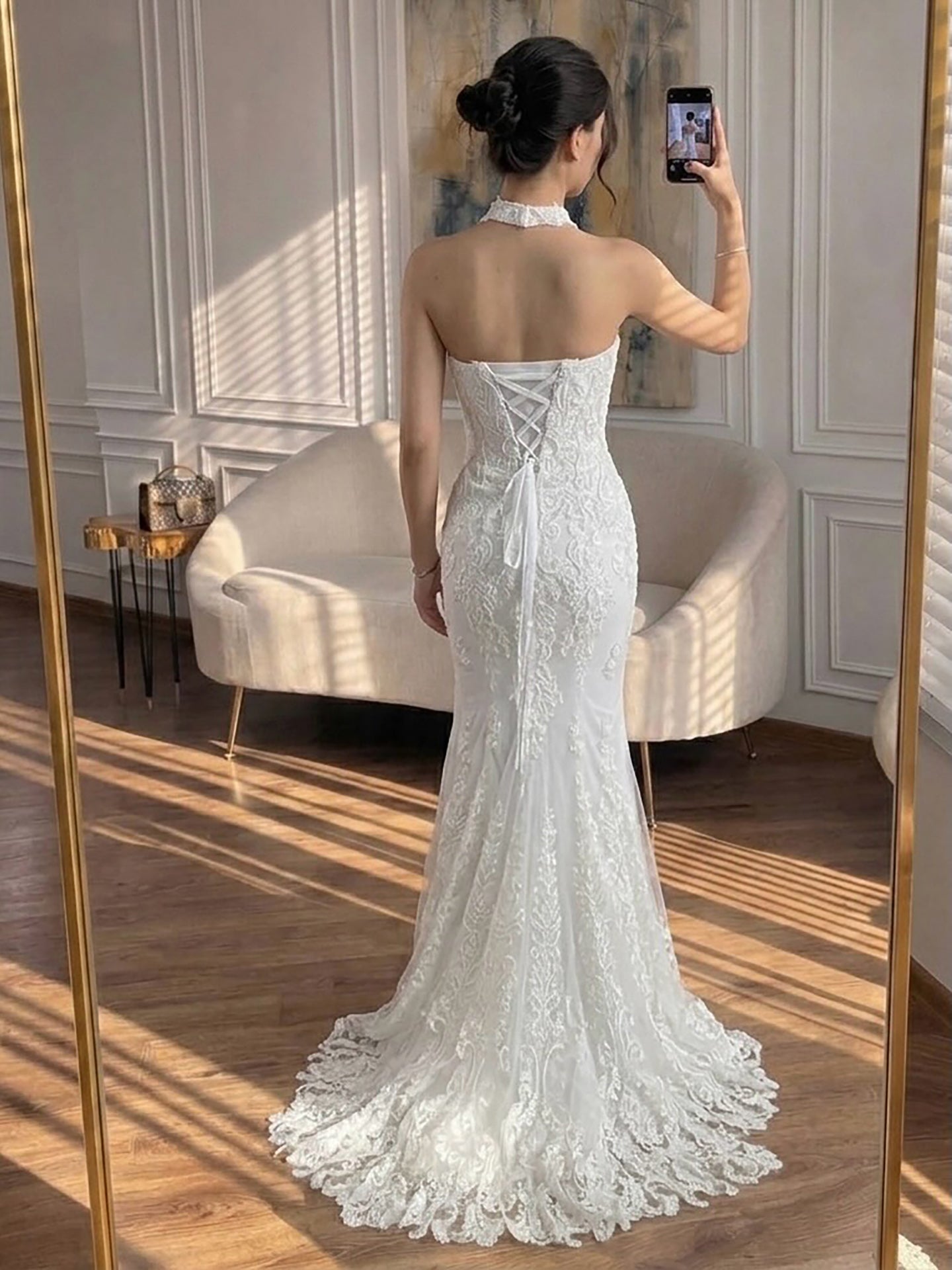 Luxury White Beaded Lace Strapless Mermaid Wedding Dress LA73778