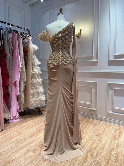 Luxury Gold Beaded One Shoulder Chiffon Mermaid Evening Dress LA73780
