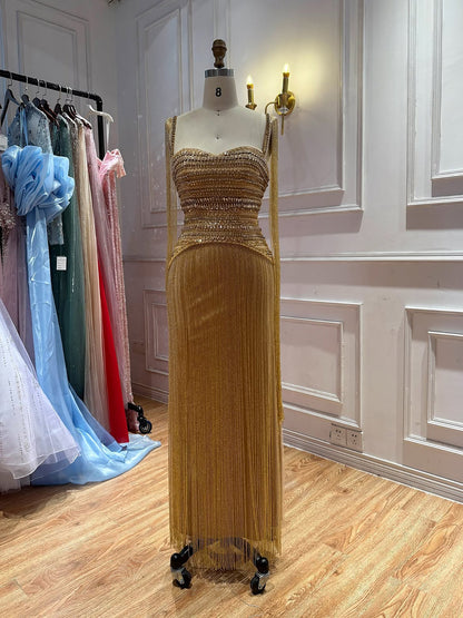 Gold Crystal Beaded Tassel Spaghetti Strap Column Evening Dress LA73781