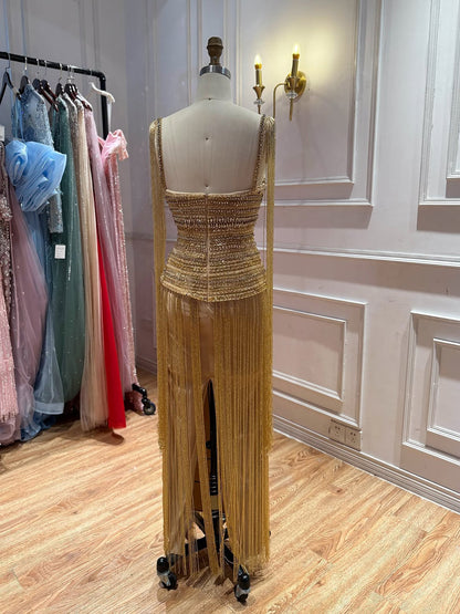 Gold Crystal Beaded Tassel Spaghetti Strap Column Evening Dress LA73781