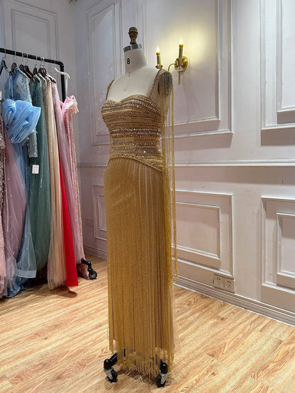 Gold Crystal Beaded Tassel Spaghetti Strap Column Evening Dress LA73781