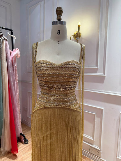 Gold Crystal Beaded Tassel Spaghetti Strap Column Evening Dress LA73781