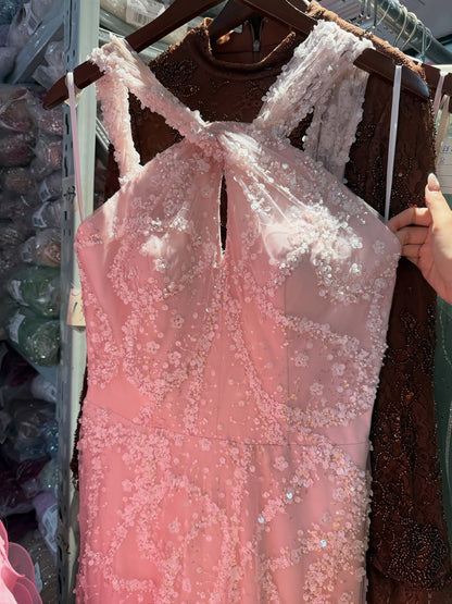 Luxury Pink Ombre Cross-Neck Beaded A-Line Gown LA73783