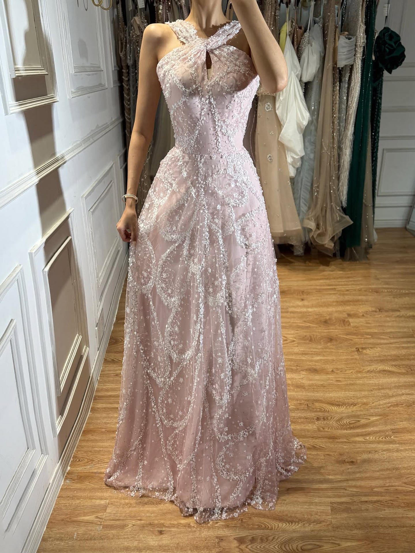 Luxury Pink Ombre Cross-Neck Beaded A-Line Gown LA73783