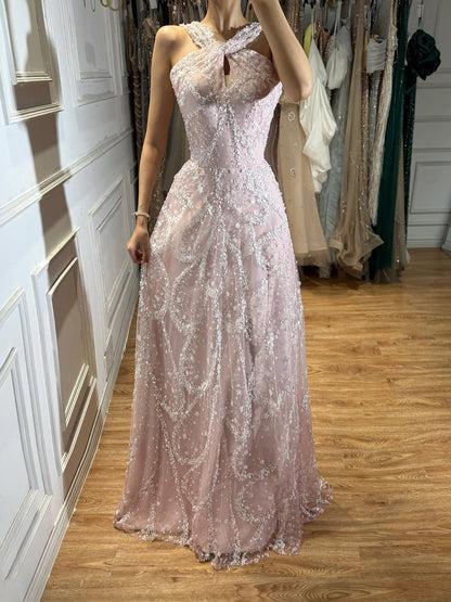 Luxury Pink Ombre Cross-Neck Beaded A-Line Gown LA73783