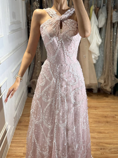 Luxury Pink Ombre Cross-Neck Beaded A-Line Gown LA73783