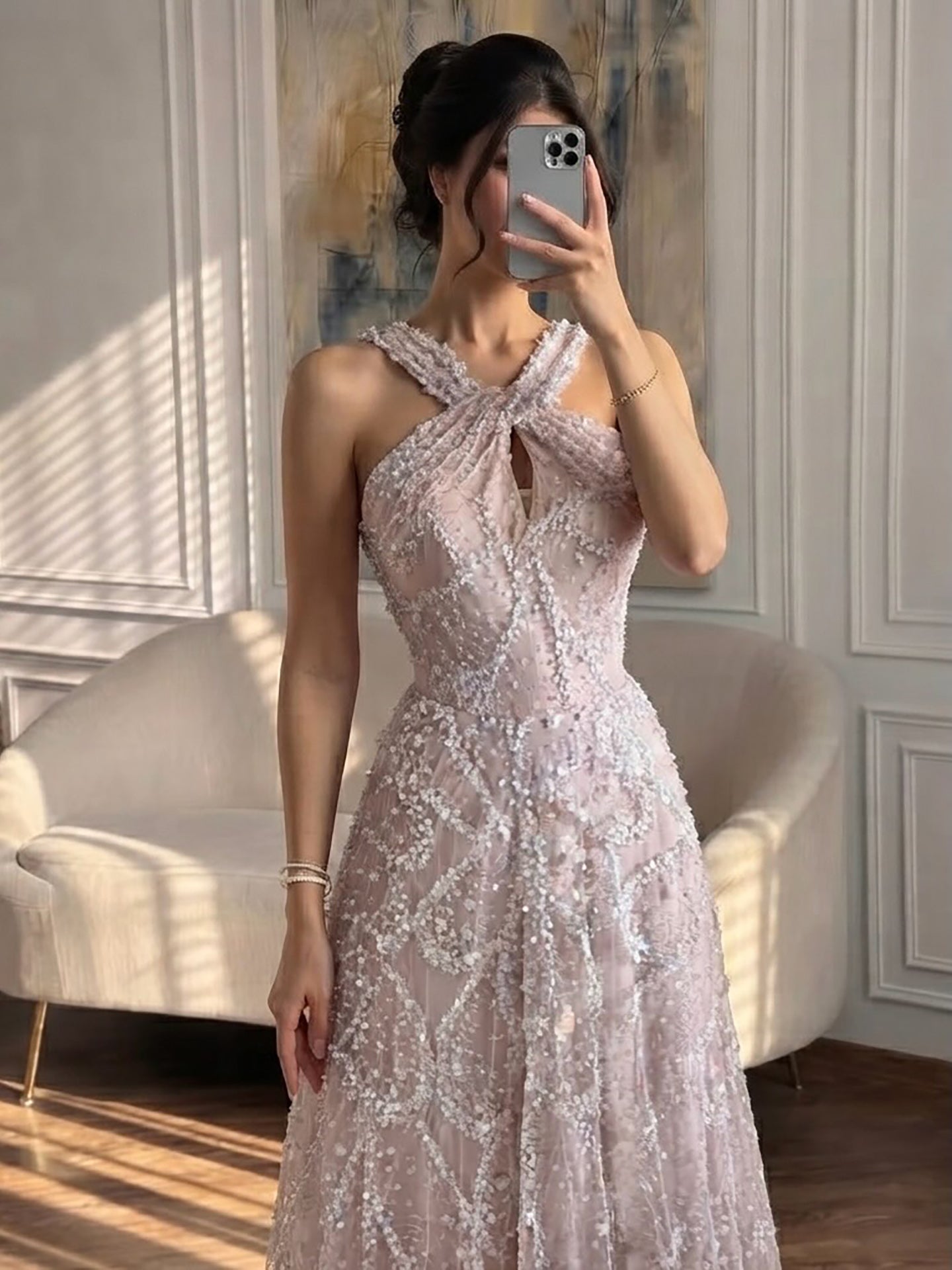 Luxury Pink Ombre Cross-Neck Beaded A-Line Gown LA73783