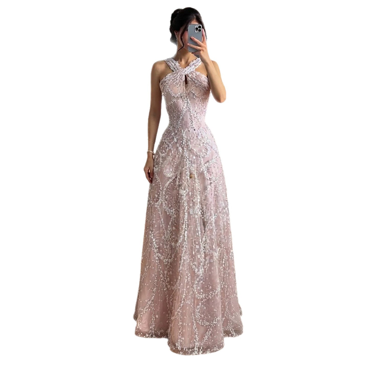 Luxury Pink Ombre Cross-Neck Beaded A-Line Gown LA73783