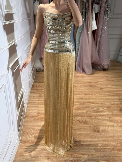 Luxury Gold Crystal Beaded Strapless Tassel Evening Dress LA73785
